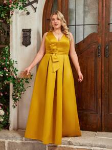 SHEIN Belle 加大码黄色缎面深 V 领蝴蝶结饰腰部大摆优雅派对正式晚礼服舞会婚礼宾客礼服，适合毕业典礼、晚宴 - 黃色 - 查看 9