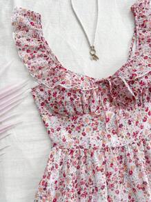 Soleia 女士度假迷你盖袖 V 领 A 字中长雪纺连衣裙，浪漫荷叶边下摆盖袖夏季连衣裙，适合婚礼、午餐 - 彩色 - 查看 3