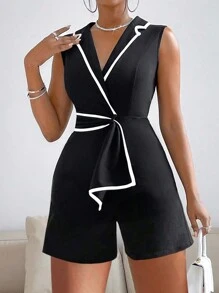 SHEIN Privé Combi-short sans manches pour femmes avec bordure en bloc de couleur pour un port quotidien - Multicolore - Voir 1