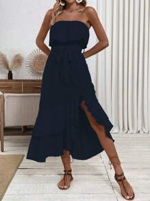 Breezaya Women's Strapless Ruffle Hem Vacation Summer Dress With High Slit - Navy Blue - View 5