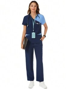 TaskEZ Conjunto de uniforme de enfermera azul marino y azul con diseño de patchwork, que incluye blusa con 2 bolsillos y textura de contraste y pantalones con 2 bolsillos y cintura elástica con textura