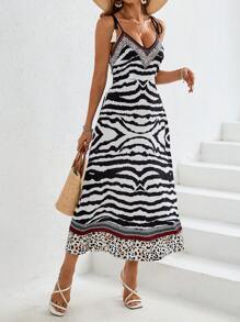 SHEIN VCAY Women's Printed Jacquard Spaghetti Strap Vacation Dress For Summer - Black and White - View 6