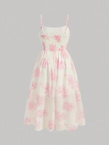 SHEIN MOD Romantic Red Ditsy Floral Ruched Bust Mid-Length Dress With Tie Front And Spaghetti Straps For Dating - Watermelon Pink - View 2