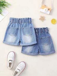 2 buah Celana Pendek Denim Anak Perempuan dengan Ujung yang Digulung dan Pinggang Elastis, Model A - MultiWarna - View 2
