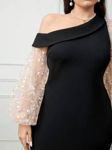 Modelyn Plus Size Open Shoulder Lantern Sleeve Slit Party Dress - Multicolor - View 1