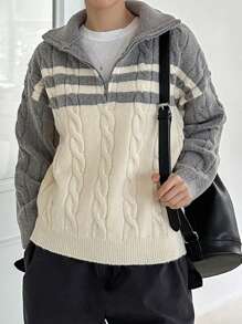 DAZY Women's Striped Color-Block Half Zipper Cardigan Sweater,Fall Women Clothes - Grey - View 7