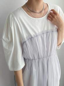 FRIFUL Women's Fashionable Summer Loose Mesh Splicing T-Shirt,Ruffle School - Grey - View 6
