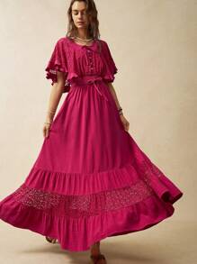 Bohemela Boho Retro Contrast Lace Waist Cinched Women's Dress - Red - View 3