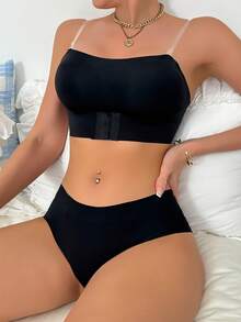 2pcs Summer Clear Straps Strapless Front Closure Push-Up Adhesive Invisible Bra Set - Black - View 3