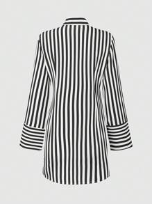 SHEIN 女款夏季條紋休閒襯衫連衣裙，長袖 - 黑與白 - 查看 2