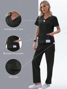 TaskEZ Women's Summer Scrub Uniforms Set, Matte Finish, 5 Pockets, Soft And Elastic, 2pcs - Black - View 2