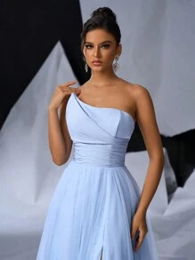 SHEIN Belle One Shoulder Mesh Layered Wedding Dress With Ruched Waist Design - Baby Blue - View 5