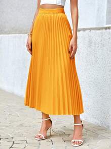 SHEIN Privé Women's Simple Solid Color Everyday Pleated Skirt - Orange - View 3