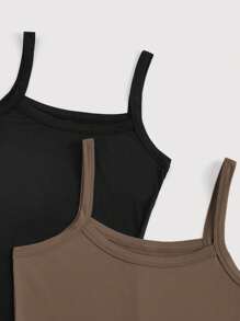 SHEIN Privé 2件組女款純色休閒緊身細肩帶露肩夏季洋裝，黑色，基礎款，適合日常、春季穿著，適用於上班、戶外、購物 - 棕色 - 查看 4