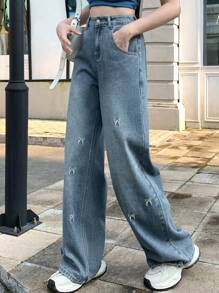 DAZY Women's Casual Bowknot Embroidered Straight Leg Jeans - Blue - View 6