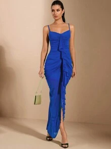 SHEIN BAE Elegant And Sexy Long Women's Dress With Ruched And Ruffled Front Panel Design - Royal Blue - View 6