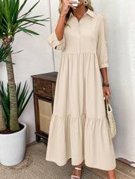SHEIN LUNE Vestito camicia casual da donna in colore unito per l'estate, abito casual da donna con bottoni carini, orlo arricciato e maniche a tre quarti, vestito lungo donna primavera/autunno, quotidiano, maxi, con vestibilità regolare, tinta unita, camicia svasata