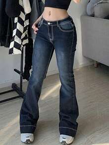 Women's Y2K Streetwear Low Waist Casual Denim Flare Jeans, Back To School, Autumn