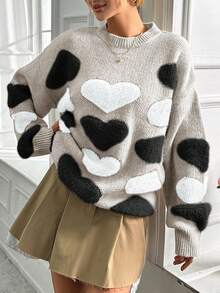 女款愛心圖案落肩毛衣 - 咖啡棕 - 查看 3