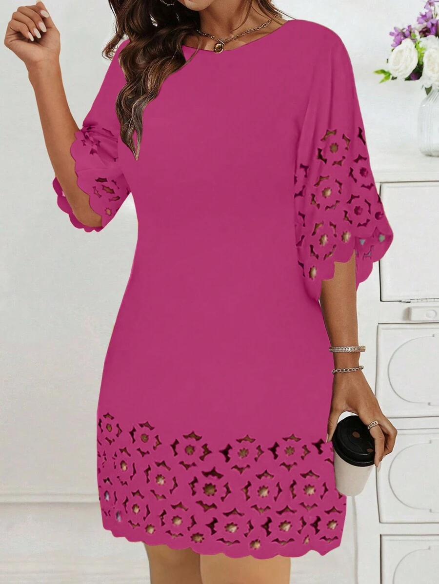 EMERY ROSE 春夏款純色定位燒花鬆身休閒連衣裙