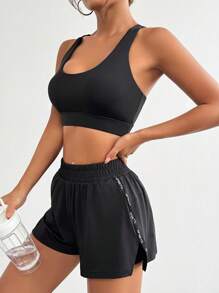 SHEIN Sports 實心修身款短削文胸，網眼束口帽外套，短褲瑜伽休閒運動套裝，女式網球服裝 - 彩色 - 查看 6
