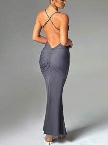 SHEIN BAE Đầm nữ màu trơn đơn giản hàng ngày thắt lưng chéo Quần áo mùa hè Đầm gợi cảm Đầm mùa hè - Màu be - Xem 5