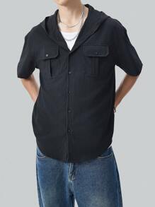 Manfinity Hypemode Men's Summer Solid Color Workwear Short Sleeve Hooded Casual Shirt With Pockets