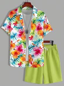 Manfinity RSRT Men's Tropical Plant Print Short Sleeve Shirt With Contrast Collar And Shorts Set , Beach , Hawaii , Graphic , Vacation , Colorful