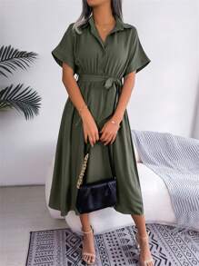 New Spring/Summer Casual Loose Solid Turndown Collar Button Front Short Sleeve Midi Dress, Military Green