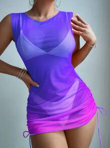女士漸變色印花遮罩裙，夏季沙灘服裝 - 紫色 - 查看 1