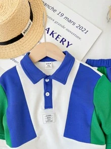 SHEIN Baby Boy's Color Block Collar Short Sleeve Pullover Top And Casual Shorts Set - Multicolor - View 7