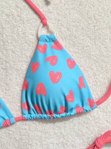 Swim Mod Women's Summer Beach Heart Print Halter Neck Tie Sexy Bikini Set, Vacation Bikini Set