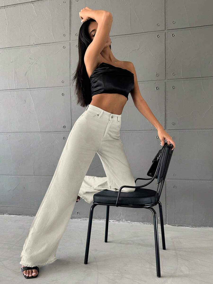 EURMUSE Raw Hem Wide Leg Jeans - Beige - View 1