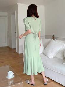 DAZY Women's Puff Sleeve Cropped Top And Mermaid Hem Skirt Two Pieces Set,Ruffle - Green - View 5