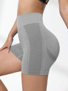 Easithlete Quần short thể thao liền mạch cạp cao màu trơn, quần short nỉ mùa hè cho nữ, quần short tập gym, quần short đi xe đạp - Xám - Xem 3