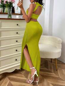 SHEIN Privé Robe moulante élégante dos nu pour femme avec col en V pour les vacances d'été, les fêtes, les festivals de musique INS - Vert - Voir 1