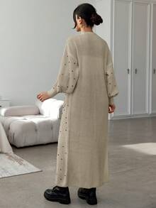 EURMUSE Của phụ nữ Kết cườm Thả vai Tay áo dài Áo len Mở Áo len - Màu nâu  Mocha - Xem 2
