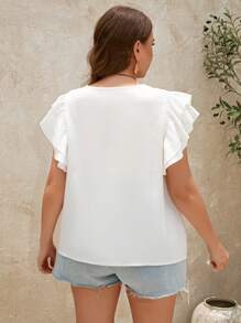 SHEIN Clasi 大码女式双层荷叶边袖夏季衬衫，商务休闲女装 - 白色 - 查看 2