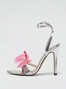 Women's High Heel Shoes, Spring/Summer Outdoor Night Club Fashion Pointed Toe Thin Heel, Shiny Metallic Snake Skin Pattern, Elegant Silver Sandals With Strappy And Sexy Lan Flower Design