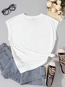 Camiseta de mujer de cuello en V con estampado floral y hombros caídos para el verano - Blanco - Ver 2