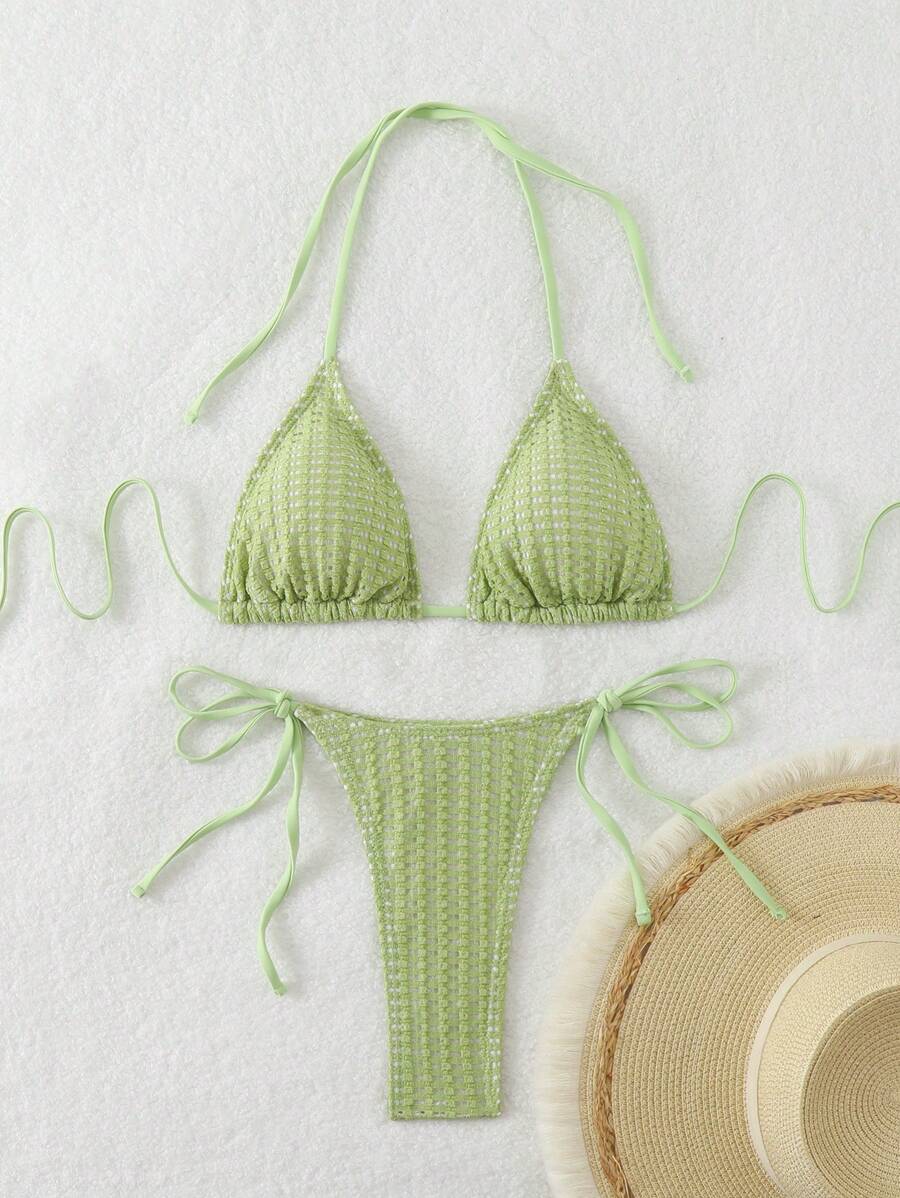 SHEIN Swim Bộ bikini gợi cảm dây buộc cổ màu trơn cho nữ đi nghỉ hè - Màu xanh chanh - Xem 1