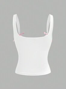 SHEIN EZwear Trang trí nơ mùa hè Áo ba lỗ dệt kim bó sát thông thường - trắng - Xem 2