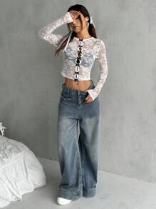 SHEIN EZwear Women's Summer Sexy Lace Bow Decorated See-Through Slim Cropped Top - White - View 6