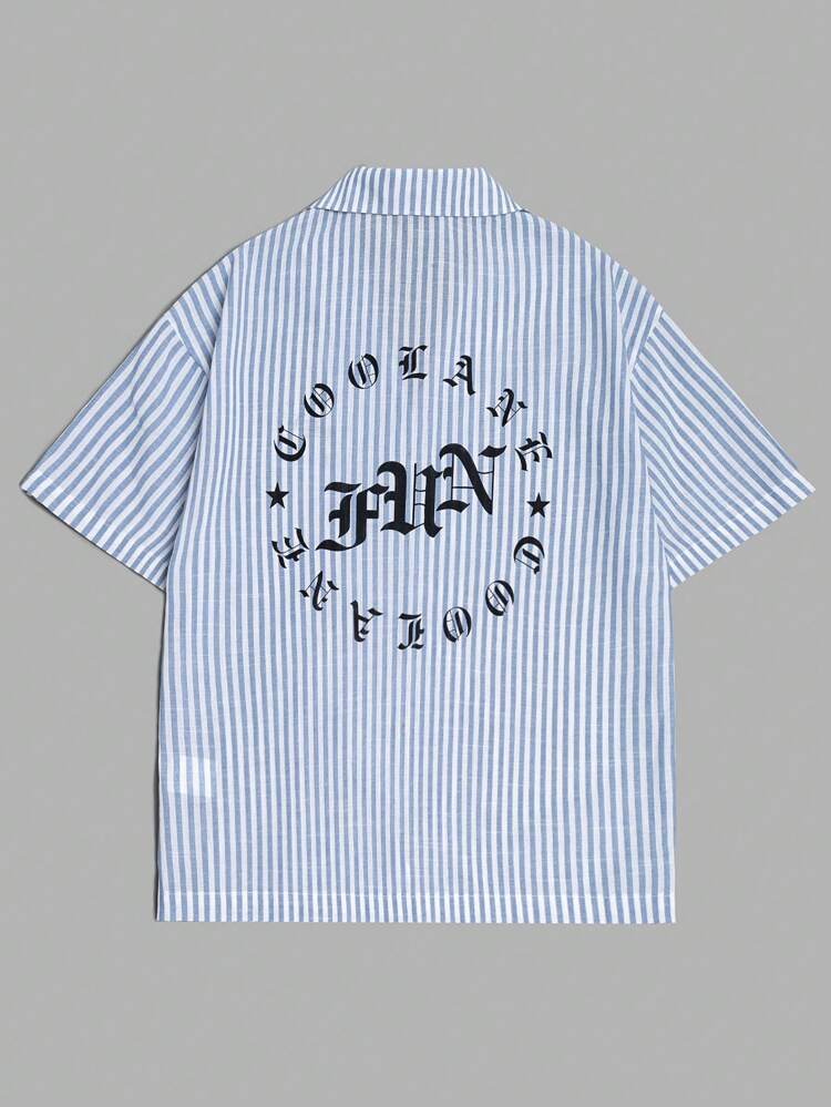 Women Blue And White Striped Hawaiian Collar Boyfriend Style Gothic Letter Shirt