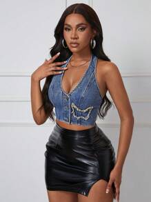 SHEIN SXY Ultra Short Button-Front Solid Color Sexy Sleeveless Denim Top With Backless And Halter Design