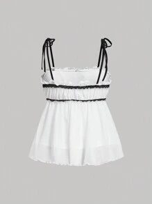SHEIN MOD 大尺碼夏季白色蕾絲拼接蝴蝶結娃娃裙下擺背心上衣 - 黑與白 - 查看 2