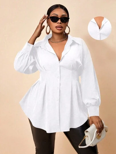 Maweii Plus Size Women's White Button-Down Shirt - Semi-Formal Cardigan Style With Lantern Sleeves, Waist-Cinching & A-Line Hem, Simple Casual For Spring & Autumn Daily Commute New Yearelegant Blouses For Ladies Holiday Outfits For Women