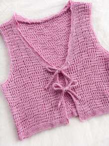Soleia WYWH Women's Peach-Pink Knitted Vest With Tie, Front-Open Mohair Vest For Vacation