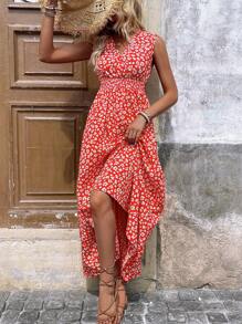 SHEIN LUNE Red Ditsy Floral V-Neck Sleeveless Dress - Red - View 6