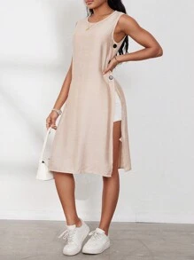 EMERY ROSE 女士圓領純色分割式下擺無袖休閒襯衫，適用於夏季